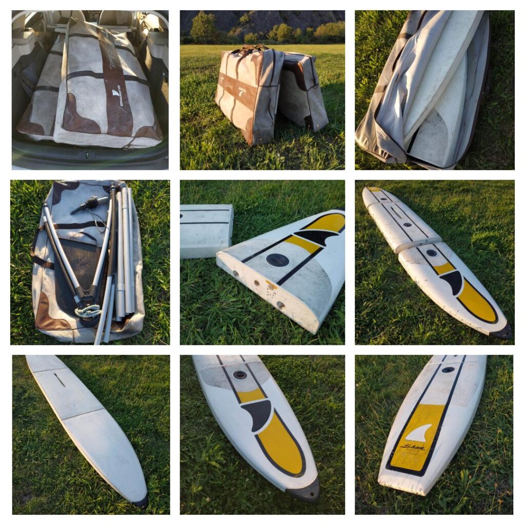Beware of SHARK! (*1978) 3-piece Modular Board, WS combo in 2 bags. I can travel everywhere now and enjoy Oldschool. Thank you VERY much Andrzej Horabik for Nice Donation * Skládací windsurfový komplet SHARK z roku 1978 předběhl svou dobu. Třídílné prkno, skládací ráhno i stěžeň, vše složíte do dvou tašek.