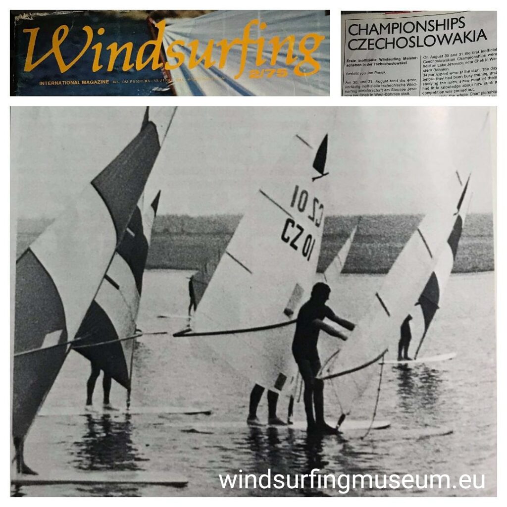 Happy 45th Anniversary! 30.8.1975 was the first BIG day ever for Czechoslovak windsurfers. They met for the first regatta and established a comittee for further development and official acknowledgement of windsurfing as a sailing class. Thank you, Bruce Mattlack for the WINDSURFING magazine's article. * 30.8. 1975 v 11:27 na Jesenické přehradě zazvonil zvonec a byla odstartována první WS regata. Takto o události tehdy referoval Mladý Svět. Málokdo ale ví, že o '1. neoficiálním šampionátu Československa', napsal i WINDSURFING magazín (předchůdce SURFu). Článek Jana Pánka nám poslal z USA Bruce Mattlack, první mistr světa ve windsurfingu.
